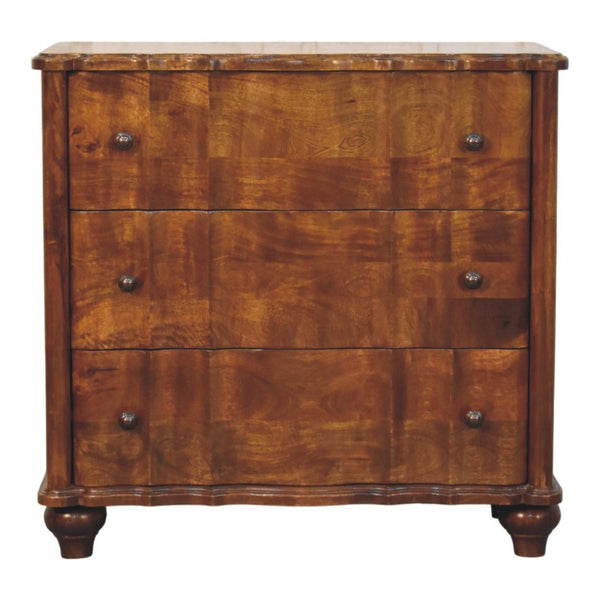 English Elm Solid Mango Wood Three Drawer Chest Handcrafted with Chestnut Finish and Brass Knobs B182P532690