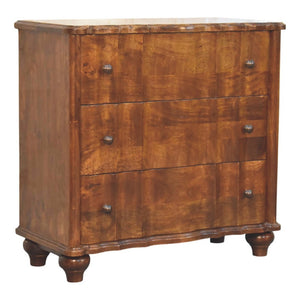 English Elm Solid Mango Wood Three Drawer Chest Handcrafted with Chestnut Finish and Brass Knobs B182P532690