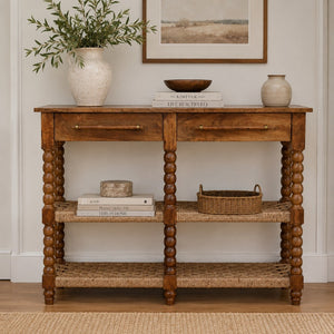 English Elm Solid Mango Wood Console Table with Woven Shelves and Brass Handles for Entryways B182P532692