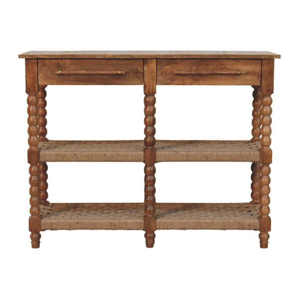 English Elm Solid Mango Wood Console Table with Woven Shelves and Brass Handles for Entryways B182P532692
