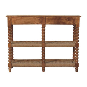 English Elm Solid Mango Wood Console Table with Woven Shelves and Brass Handles for Entryways B182P532692