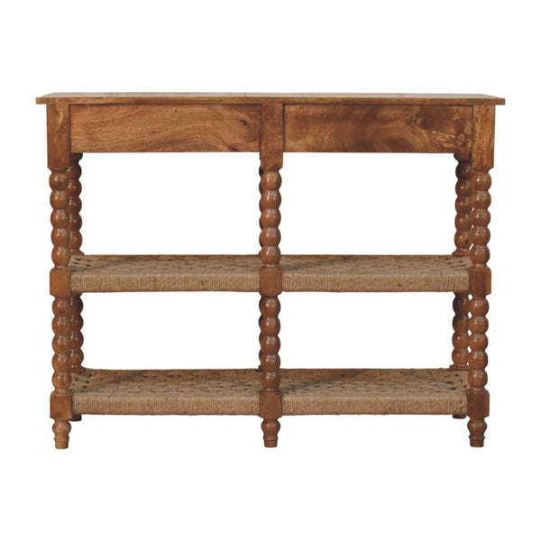 English Elm Solid Mango Wood Console Table with Woven Shelves and Brass Handles for Entryways B182P532692