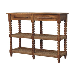 English Elm Solid Mango Wood Console Table with Woven Shelves and Brass Handles for Entryways B182P532692