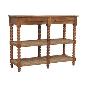 English Elm Solid Mango Wood Console Table with Woven Shelves and Brass Handles for Entryways B182P532692