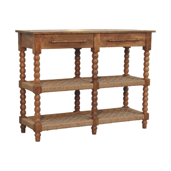 English Elm Solid Mango Wood Console Table with Woven Shelves and Brass Handles for Entryways B182P532692
