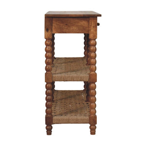 English Elm Solid Mango Wood Console Table with Woven Shelves and Brass Handles for Entryways B182P532692
