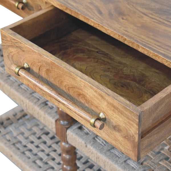 English Elm Solid Mango Wood Console Table with Woven Shelves and Brass Handles for Entryways B182P532692