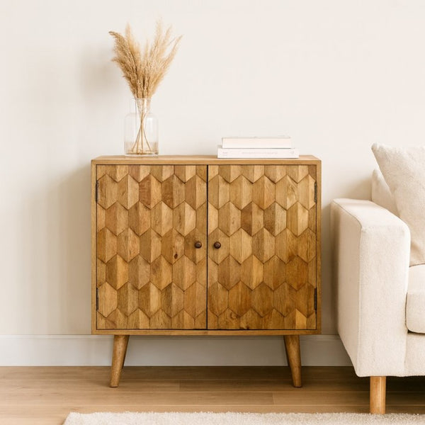 English Elm Solid Mango Wood Cabinet Pineapple Carved Doors Nordic Feet Bohemian Accent Storage B182P532693