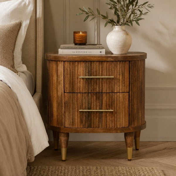 English Elm Solid Mango Wood Nightstand with Fluted Panels Brass Accents and Two Drawers B182P556741