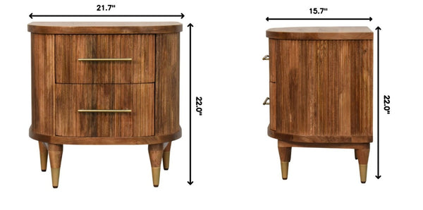 English Elm Solid Mango Wood Nightstand with Fluted Panels Brass Accents and Two Drawers B182P556741