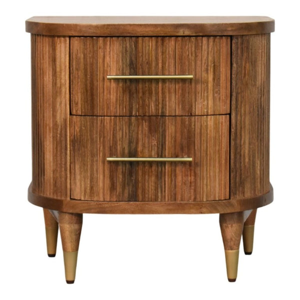 English Elm Solid Mango Wood Nightstand with Fluted Panels Brass Accents and Two Drawers B182P556741