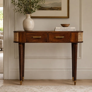English Elm Solid Mango Wood Console Table Woven Cane Panels Brass Hardware Entryway Storage B182P556742