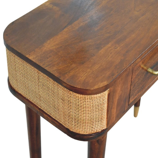 English Elm Solid Mango Wood Console Table Woven Cane Panels Brass Hardware Entryway Storage B182P556742