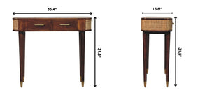 English Elm Solid Mango Wood Console Table Woven Cane Panels Brass Hardware Entryway Storage B182P556742
