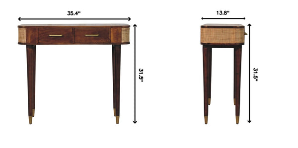 English Elm Solid Mango Wood Console Table Woven Cane Panels Brass Hardware Entryway Storage B182P556742