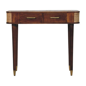 English Elm Solid Mango Wood Console Table Woven Cane Panels Brass Hardware Entryway Storage B182P556742