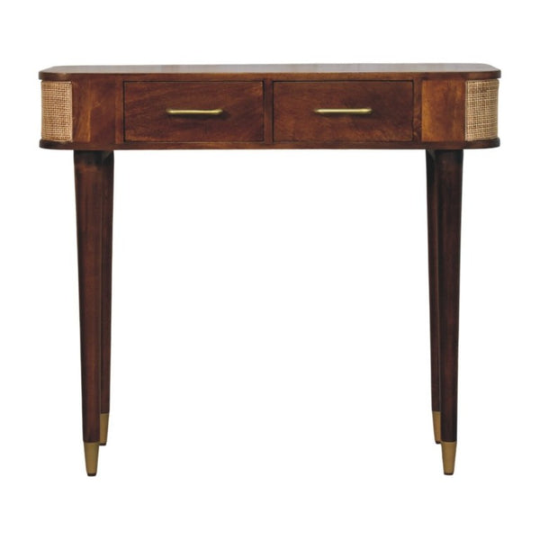 English Elm Solid Mango Wood Console Table Woven Cane Panels Brass Hardware Entryway Storage B182P556742