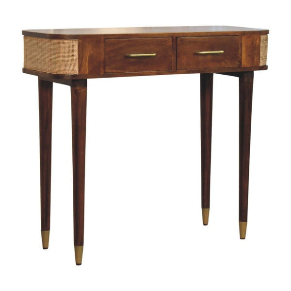 English Elm Solid Mango Wood Console Table Woven Cane Panels Brass Hardware Entryway Storage B182P556742