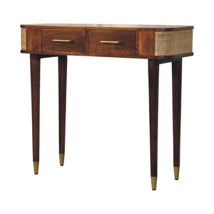 English Elm Solid Mango Wood Console Table Woven Cane Panels Brass Hardware Entryway Storage B182P556742