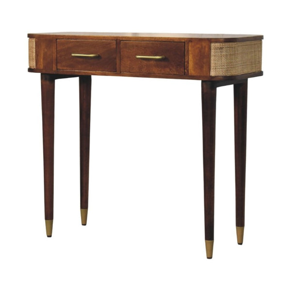 English Elm Solid Mango Wood Console Table Woven Cane Panels Brass Hardware Entryway Storage B182P556742