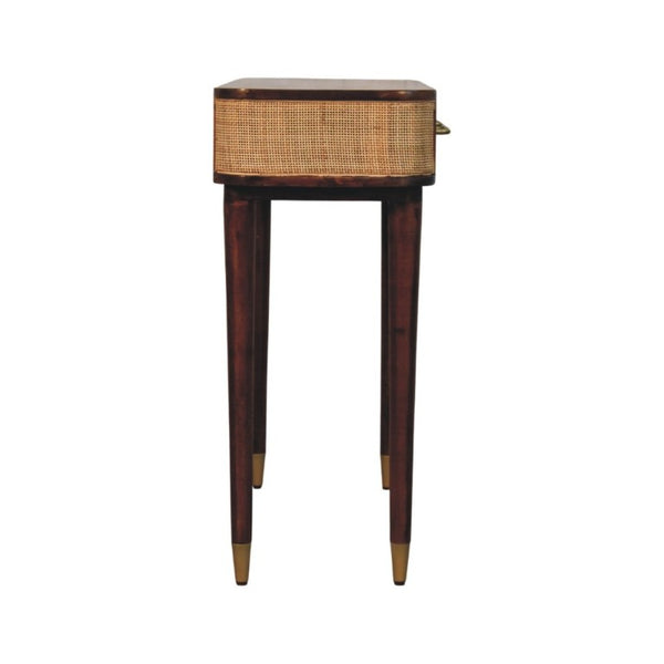 English Elm Solid Mango Wood Console Table Woven Cane Panels Brass Hardware Entryway Storage B182P556742