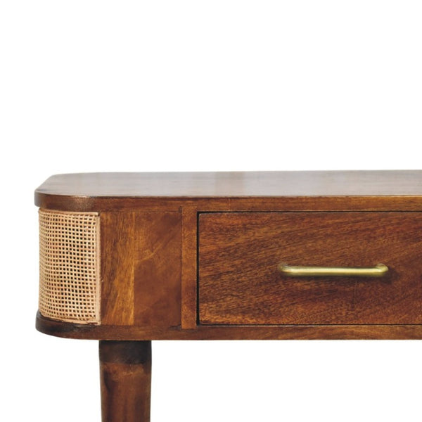 English Elm Solid Mango Wood Console Table Woven Cane Panels Brass Hardware Entryway Storage B182P556742