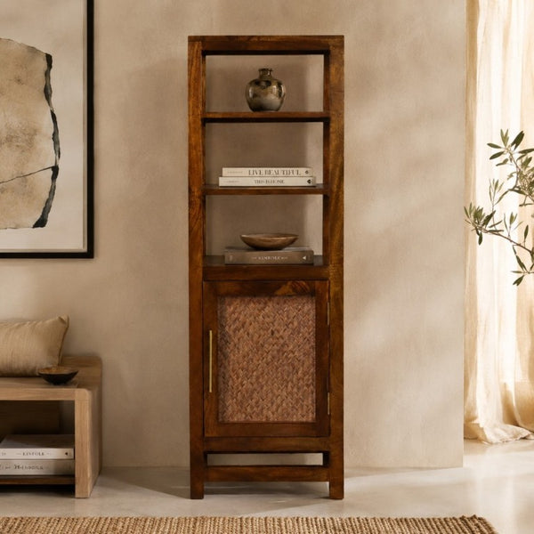 English Elm Solid Mango Wood Cane Door Bookcase Chestnut Finish Open Shelf Display Cabinet B182P556743