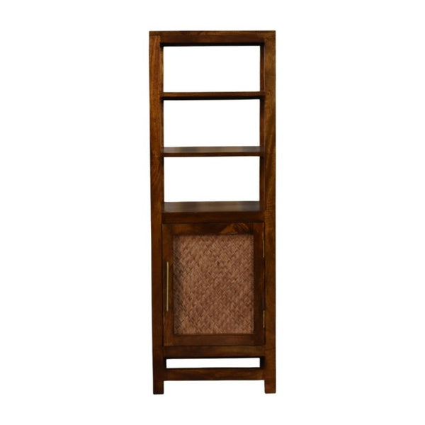 English Elm Solid Mango Wood Cane Door Bookcase Chestnut Finish Open Shelf Display Cabinet B182P556743