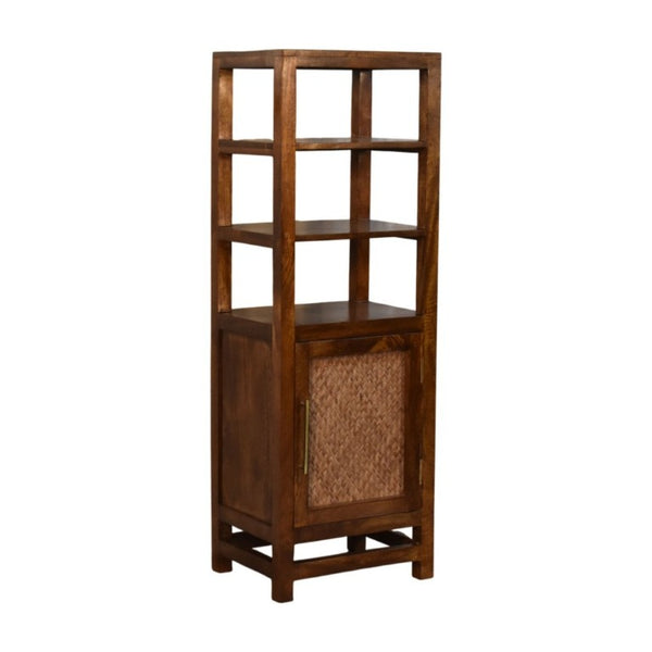 English Elm Solid Mango Wood Cane Door Bookcase Chestnut Finish Open Shelf Display Cabinet B182P556743