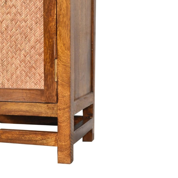English Elm Solid Mango Wood Cane Door Bookcase Chestnut Finish Open Shelf Display Cabinet B182P556743