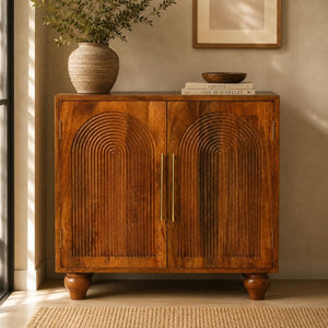 English Elm Solid Mango Wood Arched Groove Cabinet with Brass Hardware for Living Room Storage B182P556747