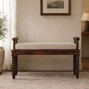 English Elm Solid Mango Wood Entryway Bench with Spindle Legs and Upholstered Padded Seat B182P556748