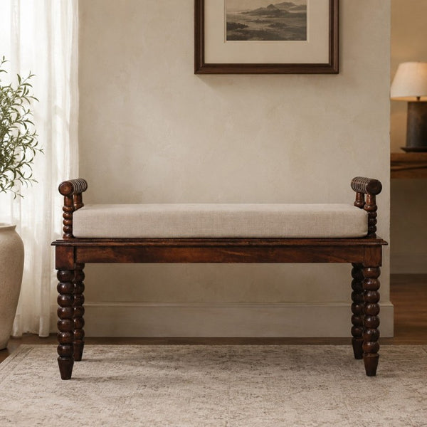 English Elm Solid Mango Wood Entryway Bench with Spindle Legs and Upholstered Padded Seat B182P556748