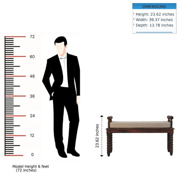 English Elm Solid Mango Wood Entryway Bench with Spindle Legs and Upholstered Padded Seat B182P556748
