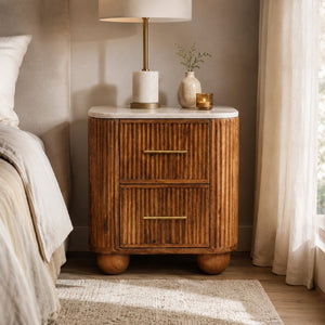 English Elm Solid Mango Wood Nightstand with Marble Top Brass Pulls and Fluted Side Panels B182P556750