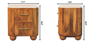 English Elm Solid Mango Wood Nightstand with Marble Top Brass Pulls and Fluted Side Panels B182P556750