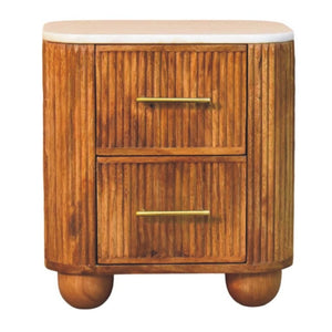 English Elm Solid Mango Wood Nightstand with Marble Top Brass Pulls and Fluted Side Panels B182P556750