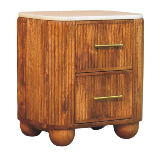 English Elm Solid Mango Wood Nightstand with Marble Top Brass Pulls and Fluted Side Panels B182P556750