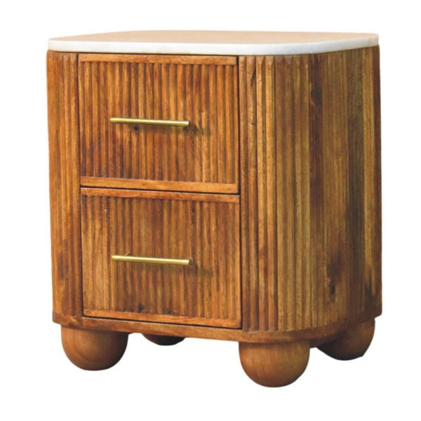 English Elm Solid Mango Wood Nightstand with Marble Top Brass Pulls and Fluted Side Panels B182P556750