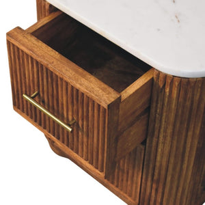 English Elm Solid Mango Wood Nightstand with Marble Top Brass Pulls and Fluted Side Panels B182P556750