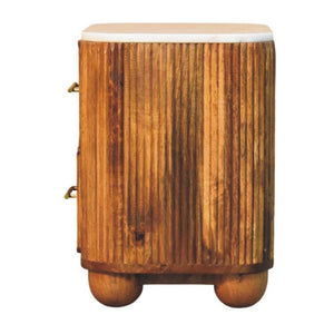 English Elm Solid Mango Wood Nightstand with Marble Top Brass Pulls and Fluted Side Panels B182P556750