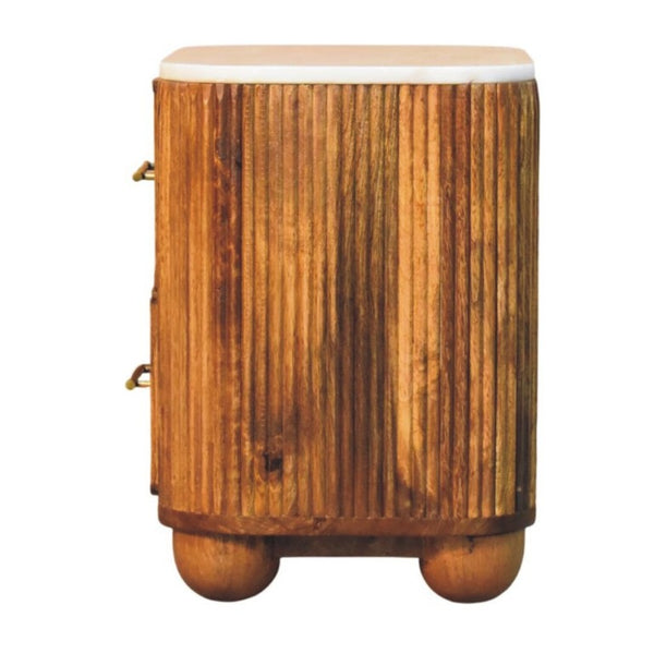 English Elm Solid Mango Wood Nightstand with Marble Top Brass Pulls and Fluted Side Panels B182P556750