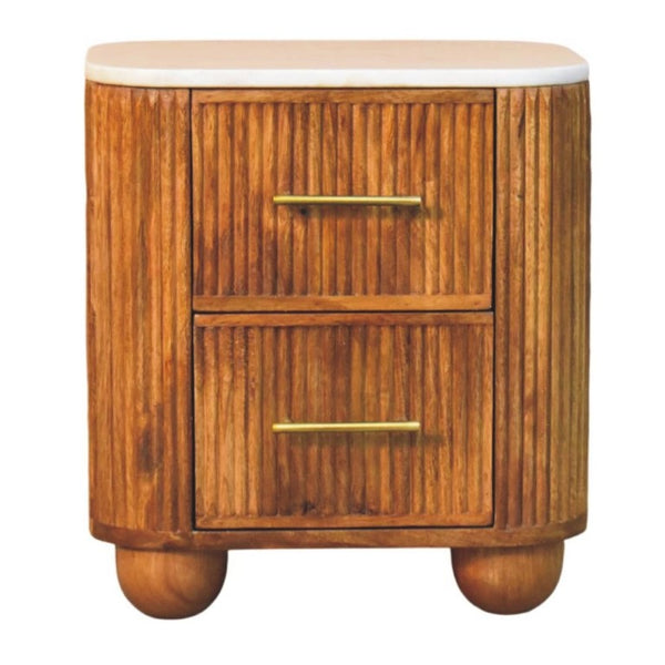 English Elm Solid Mango Wood Nightstand with Marble Top Brass Pulls and Fluted Side Panels B182P556750