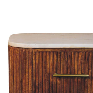 English Elm Solid Mango Wood Nightstand with Marble Top Brass Pulls and Fluted Side Panels B182P556750