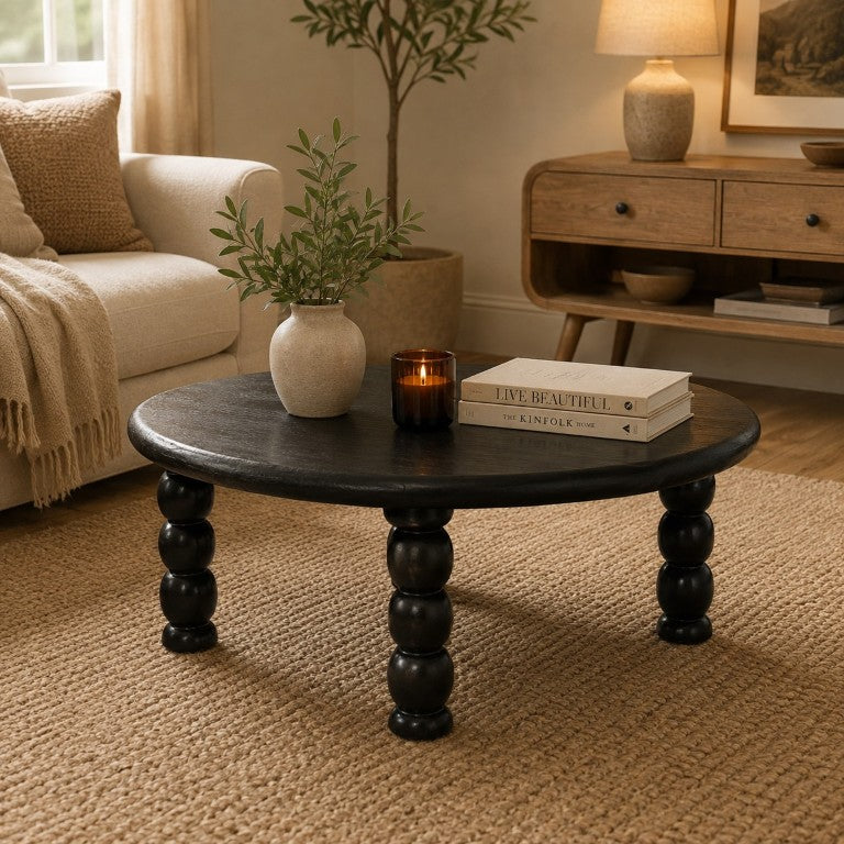 English Elm Artisan Furniture Round Mango Wood Coffee Table Sculptural Spindle Legs Charcoal Finish B182P611656