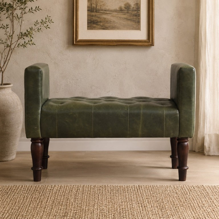 English Elm Artisan Button-Tufted Green Leather Bench with Walnut Legs for Bedroom Elegance B182P611657