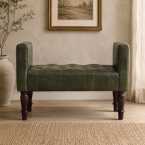 English Elm Artisan Button-Tufted Green Leather Bench with Walnut Legs for Bedroom Elegance B182P611657