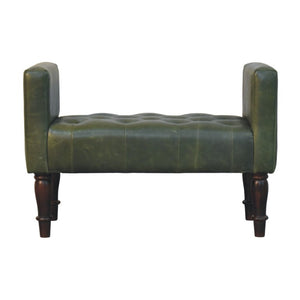 English Elm Artisan Button-Tufted Green Leather Bench with Walnut Legs for Bedroom Elegance B182P611657