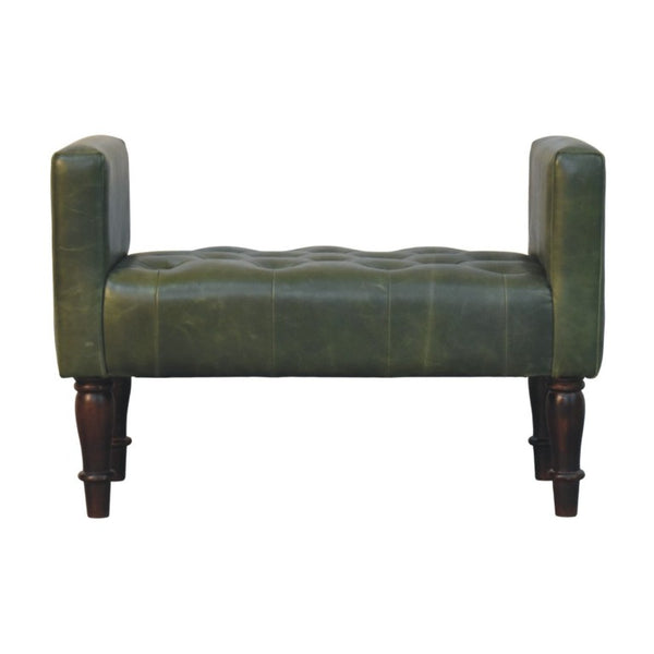 English Elm Artisan Button-Tufted Green Leather Bench with Walnut Legs for Bedroom Elegance B182P611657