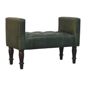 English Elm Artisan Button-Tufted Green Leather Bench with Walnut Legs for Bedroom Elegance B182P611657